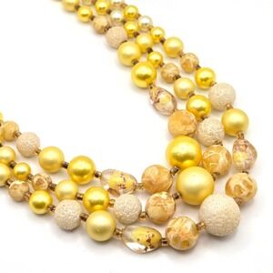 Vintage 60s Japan Triple Strand Yellow Faux Pearl Art Resin Sugar Bead Necklace